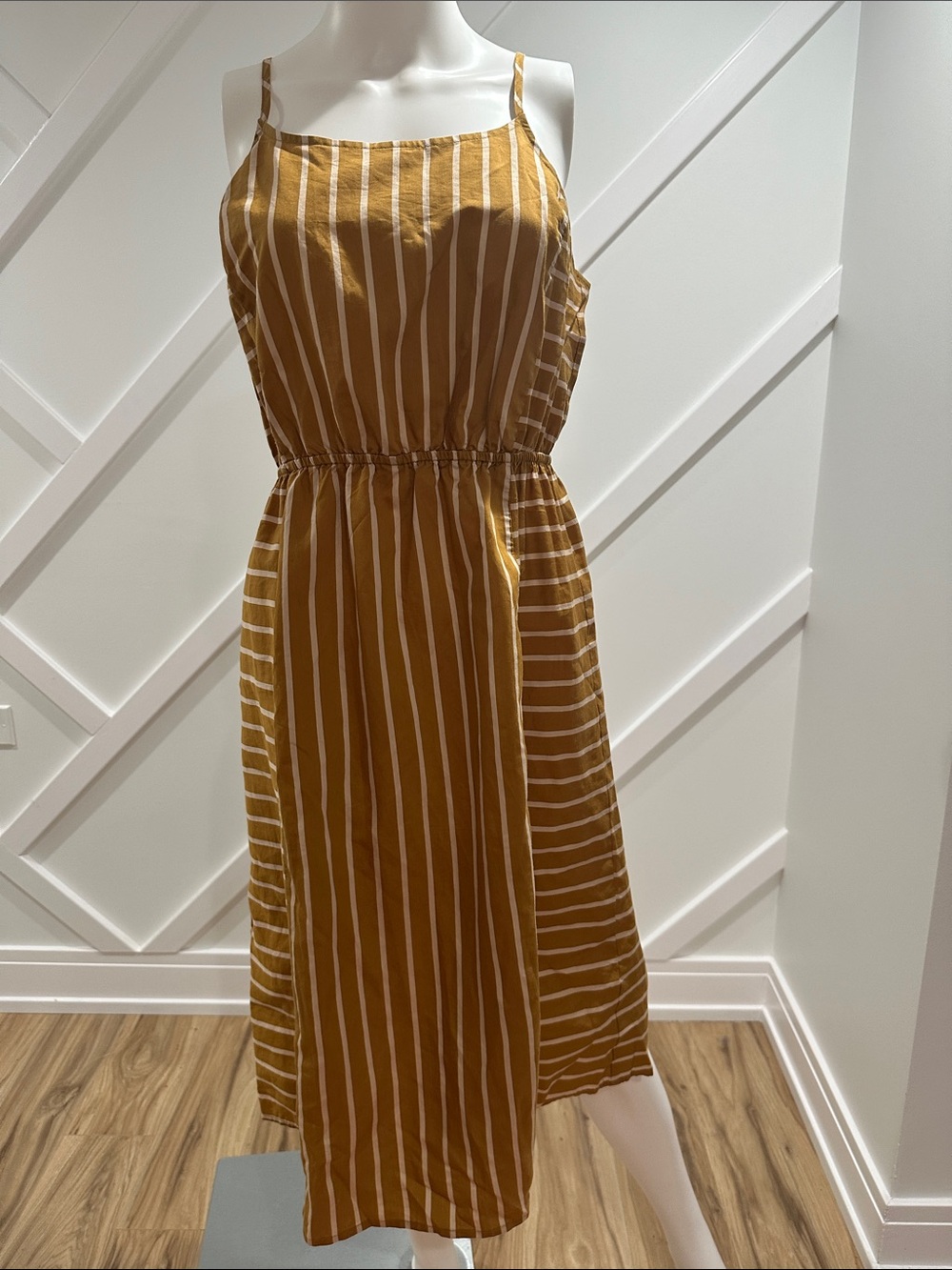 Ann Taylor Loft BeachStriped Spaghetti-Strap Midi Dress in Mustard